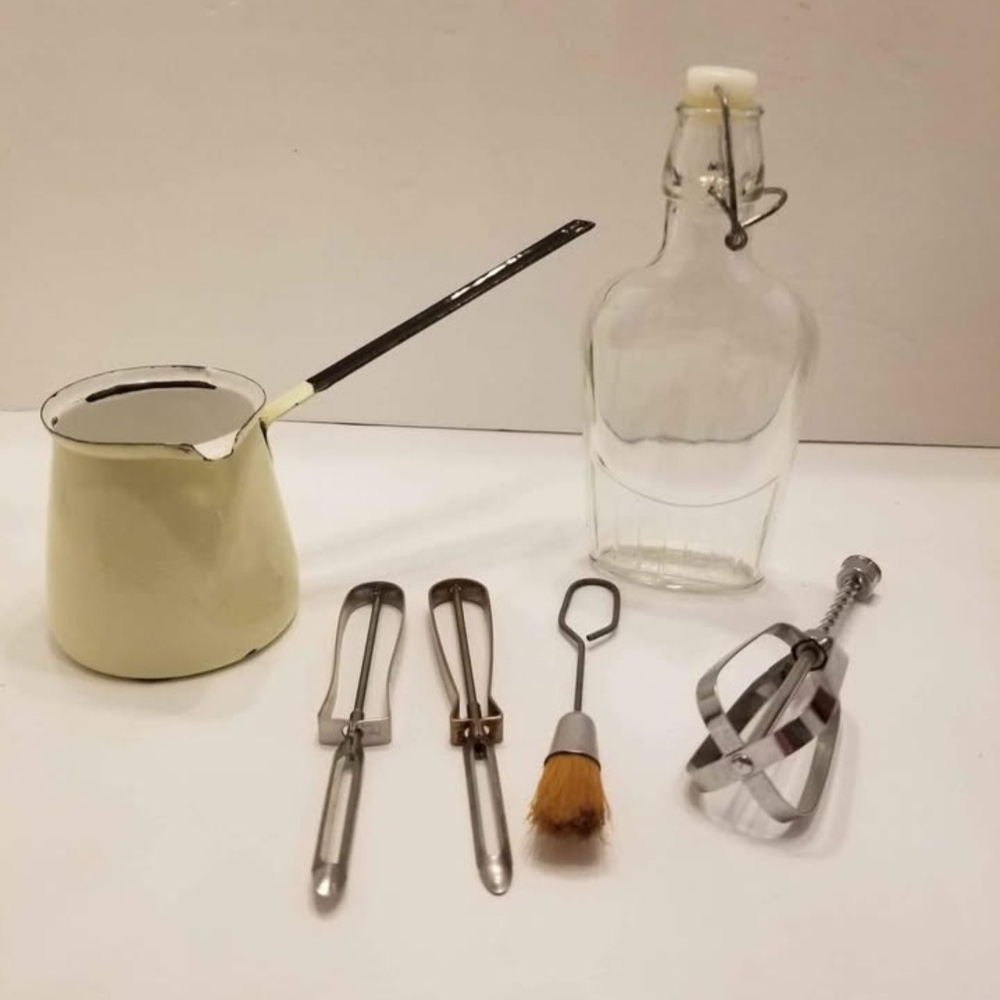 Vintage Kitchen Utensil Set with Cream Pot and Glass Bottle